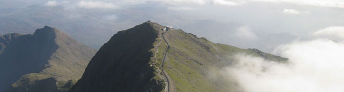 Aerial view of Snowdon Mountain Railway and the Llanberis Path